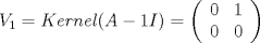 TEX: \[<br />V_1  = Kernel (A - 1I) = \left( {\begin{array}{*{20}c}<br />   0 & 1  \\<br />   0 & 0  \\<br /><br /> \end{array} } \right)<br />\]<br />