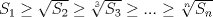 TEX: $S_{1}\ge \sqrt{S_{2}}\ge \sqrt[3]{S_{3}}\ge ... \ge \sqrt[n]{S_{n}}$