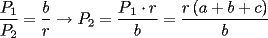 TEX: <br />\[<br />\frac{{P_1 }}<br />{{P_2 }} = \frac{b}<br />{r} \to P_2  = \frac{{P{}_1 \cdot r}}<br />{b} = \frac{{r\left( {a + b + c} \right)}}<br />{b}<br />\]