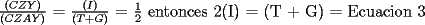 TEX: $\frac{(CZY)}{(CZAY)}$ = $\frac{(I)}{(T + G)}$ = $\frac{1}{2}$ entonces 2(I) = (T + G) = Ecuacion 3