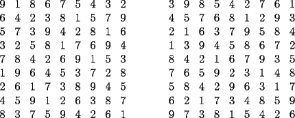 TEX: \[<br />\begin{array}{*{20}c}<br />   9 & 1 & 8 & 6 & 7 & 5 & 4 & 3 & 2  \\<br />   6 & 4 & 2 & 3 & 8 & 1 & 5 & 7 & 9  \\<br />   5 & 7 & 3 & 9 & 4 & 2 & 8 & 1 & 6  \\<br />   3 & 2 & 5 & 8 & 1 & 7 & 6 & 9 & 4  \\<br />   7 & 8 & 4 & 2 & 6 & 9 & 1 & 5 & 3  \\<br />   1 & 9 & 6 & 4 & 5 & 3 & 7 & 2 & 8  \\<br />   2 & 6 & 1 & 7 & 3 & 8 & 9 & 4 & 5  \\<br />   4 & 5 & 9 & 1 & 2 & 6 & 3 & 8 & 7  \\<br />   8 & 3 & 7 & 5 & 9 & 4 & 2 & 6 & 1  \\<br />\end{array}\quad \quad \quad \begin{array}{*{20}c}<br />   3 & 9 & 8 & 5 & 4 & 2 & 7 & 6 & 1  \\<br />   4 & 5 & 7 & 6 & 8 & 1 & 2 & 9 & 3  \\<br />   2 & 1 & 6 & 3 & 7 & 9 & 5 & 8 & 4  \\<br />   1 & 3 & 9 & 4 & 5 & 8 & 6 & 7 & 2  \\<br />   8 & 4 & 2 & 1 & 6 & 7 & 9 & 3 & 5  \\<br />   7 & 6 & 5 & 9 & 2 & 3 & 1 & 4 & 8  \\<br />   5 & 8 & 4 & 2 & 9 & 6 & 3 & 1 & 7  \\<br />   6 & 2 & 1 & 7 & 3 & 4 & 8 & 5 & 9  \\<br />   9 & 7 & 3 & 8 & 1 & 5 & 4 & 2 & 6  \\<br />\end{array}<br />\]<br />