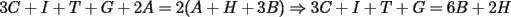 TEX: $3C+I+T+G+2A=2(A+H+3B) \Rightarrow 3C+I+T+G=6B+2H$