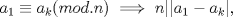 TEX: $a_1 \equiv a_k (mod. n)\implies n| |a_1-a_k|$,