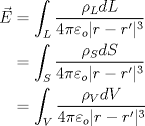 TEX: \begin{align*}\vec{E}&=\int_{L}\dfrac{\rho_{L}dL}{4\pi\varepsilon_{o}|r-r'|^3}\\<br />&=\int_{S}\dfrac{\rho_{S}dS}{4\pi\varepsilon_{o}|r-r'|^3}\\<br />&=\int_{V}\dfrac{\rho_{V}dV}{4\pi\varepsilon_{o}|r-r'|^3}\end{align*}