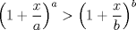 TEX: $$<br />\left( {1 + \frac{x}<br />{a}} \right)^a  > \left( {1 + \frac{x}<br />{b}} \right)^b <br />$$