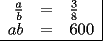 TEX: \begin{tabular}{rcl|}<br />$<br />\frac{a}<br />{b}<br />$ & = & $<br />\frac{3}<br />{8}<br />$ \\<br />$<br />ab<br />$ & = & $<br />600<br />$ \\ \hline<br />\end{tabular}