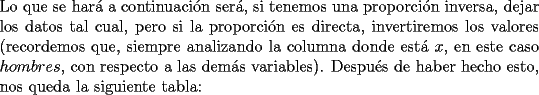 TEX: \noindent Lo que se har\'a a continuaci\'on ser\'a, si tenemos una proporci\'on inversa, dejar los datos tal cual, pero si la proporci\'on es directa, invertiremos los valores (recordemos que, siempre analizando la columna donde est\'a $x$, en este caso $hombres$, con respecto a las dem\'as variables). Despu\'es de haber hecho esto, nos queda la siguiente tabla: