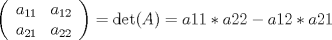 TEX: % MathType!MTEF!2!1!+-<br />% feaagaart1ev2aaatCvAUfeBSjuyZL2yd9gzLbvyNv2CaerbuLwBLn<br />% hiov2DGi1BTfMBaeXatLxBI9gBaerbd9wDYLwzYbItLDharqqtubsr<br />% 4rNCHbGeaGqiVu0Je9sqqrpepC0xbbL8F4rqqrFfpeea0xe9Lq-Jc9<br />% vqaqpepm0xbba9pwe9Q8fsY-rqaqpepae9pg0FirpepeKkFr0xfr-x<br />% fr-xb9adbaqaaeGaciGaaiaabeqaamaabaabaaGcbaWaaeWaaeaafa<br />% qabeGacaaabaGaamyyamaaBaaaleaacaaIXaGaaGymaaqabaaakeaa<br />% caWGHbWaaSbaaSqaaiaaigdacaaIYaaabeaaaOqaaiaadggadaWgaa<br />% WcbaGaaGOmaiaaigdaaeqaaaGcbaGaamyyamaaBaaaleaacaaIYaGa<br />% aGOmaaqabaaaaaGccaGLOaGaayzkaaGaeyypa0Jaciizaiaacwgaca<br />% GG0bGaaiikaiaadgeacaGGPaGaeyypa0JaamyyaiaaigdacaaIXaGa<br />% aiOkaiaadggacaaIYaGaaGOmaiabgkHiTiaadggacaaIXaGaaGOmai<br />% aacQcacaWGHbGaaGOmaiaaigdaaaa!5413!<br />\[<br />\left( {\begin{array}{*{20}c}<br />   {a_{11} } & {a_{12} }  \\<br />   {a_{21} } & {a_{22} }  \\<br /><br /> \end{array} } \right) = \det (A) = a11*a22 - a12*a21<br />\]<br />