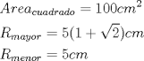 TEX: \begin{align*}<br />  & Are{{a}_{cuadrado}}=100c{{m}^{2}} \\ <br /> & {{R}_{mayor}}=5(1+\sqrt{2})cm \\ <br /> & {{R}_{menor}}=5cm \\ <br />\end{align*}