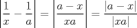 TEX: $$\left| {\frac{1}{x} - \frac{1}{a}} \right| = \left| {\frac{{a - x}}{{xa}}} \right| = \frac{{\left| {a - x} \right|}}{{\left| {xa} \right|}}$$