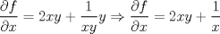 TEX: $ \dfrac{\partial f}{\partial x} = 2xy + \dfrac{1}{xy} y \Rightarrow \dfrac{\partial f}{\partial x} = 2xy + \dfrac {1}{x} $