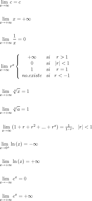 TEX: \[<br />\begin{gathered}<br />  \mathop {\lim }\limits_{x \to \infty } c = c \hfill \\<br />   \hfill \\<br />  \mathop {\lim }\limits_{x \to  + \infty } x =  + \infty  \hfill \\<br />   \hfill \\<br />  \mathop {\lim }\limits_{x \to  + \infty } \frac{1}<br />{x} = 0 \hfill \\<br />   \hfill \\<br />  \mathop {\lim }\limits_{x \to \infty } r^x \left\{ {\begin{array}{*{20}c}<br />   { + \infty } & {si} & {r > 1}  \\<br />   0 & {si} & {\left| r \right| < 1}  \\<br />   1 & {si} & {r = 1}  \\<br />   {no.existe} & {si} & {r <  - 1}  \\<br /><br /> \end{array} } \right. \hfill \\<br />   \hfill \\<br />  \mathop {\lim }\limits_{x \to  + \infty } \sqrt[x]{x} = 1 \hfill \\<br />   \hfill \\<br />  \mathop {\lim }\limits_{x \to  + \infty } \sqrt[x]{a} = 1 \hfill \\<br />   \hfill \\<br />  \begin{array}{*{20}c}<br />   {\mathop {\lim }\limits_{x \to \infty } \left( {1 + r + r^2  + ... + r^x } \right) = \frac{1}<br />{{1 - r}},} & {\left| r \right| < 1}  \\<br /><br /> \end{array}  \hfill \\<br />   \hfill \\<br />  \mathop {\lim }\limits_{x \to 0^ +  } \ln \left( x \right) =  - \infty  \hfill \\<br />   \hfill \\<br />  \mathop {\lim }\limits_{x \to  + \infty } \ln \left( x \right) =  + \infty  \hfill \\<br />   \hfill \\<br />  \mathop {\lim }\limits_{x \to  - \infty } e^x  = 0 \hfill \\<br />   \hfill \\<br />  \mathop {\lim }\limits_{x \to  + \infty } e^x  =  + \infty  \hfill \\ <br />\end{gathered} <br />\] 