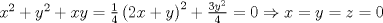 TEX: $x^2  + y^2  + xy = \frac{1}{4}\left( {2x + y} \right)^2  + \frac{{3y^2 }}{4} = 0 \Rightarrow x = y = z = 0$