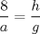 TEX: % MathType!MTEF!2!1!+-<br />% feaafiart1ev1aaatCvAUfeBSjuyZL2yd9gzLbvyNv2CaerbuLwBLn<br />% hiov2DGi1BTfMBaeXatLxBI9gBaerbd9wDYLwzYbItLDharqqtubsr<br />% 4rNCHbGeaGqiVu0Je9sqqrpepC0xbbL8F4rqqrFfpeea0xe9Lq-Jc9<br />% vqaqpepm0xbba9pwe9Q8fs0-yqaqpepae9pg0FirpepeKkFr0xfr-x<br />% fr-xb9adbaqaaeGaciGaaiaabeqaamaabaabaaGcbaWaaSaaaeaaca<br />% aI4aaabaGaamyyaaaacqGH9aqpdaWcaaqaaiaadIgaaeaacaWGNbaa<br />% aaaa!3A94!<br />\[<br />\frac{8}{a} = \frac{h}{g}<br />\]<br />