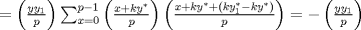 TEX: $=\left(\frac{yy_{1}}{p}\right) \sum_{x=0}^{p-1} \left(\frac{x+ky^{\ast}}{p}\right)\left(\frac{x+ky^{\ast} + (ky_{1}^{\ast}-ky^{\ast})}{p}\right) = -\left(\frac{yy_{1}}{p}\right).$