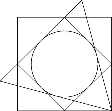 TEX: <br />\begin{pspicture}(-1.5,-1)(9,9.5)<br />\pspolygon(0,0)(0,8)(8,8)(8,0)<br />\pspolygon(0,4)(4,8)(8,4)(4,0)<br />\pscircle(4,4){2.83}<br />\psline(8,0)(5.464101615137754,9.464101615137752)<br />\psline(5.464101615137754,9.464101615137752)(-1.464101615137754,2.535898384862245)<br />\psline(8,0)(-1.464101615137754,2.535898384862245)<br />\end{pspicture}<br />