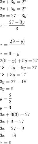 TEX: \[<br />\begin{gathered}<br />  3x + 3y = 27 \hfill \\<br />  2x + 5y = 27 \hfill \\<br />  3x = 27 - 3y \hfill \\<br />  x = \frac{{27 - 3y}}<br />{3} \hfill \\<br />   \hfill \\<br />  x = \frac{{\not (9 - y)}}<br />{{}} \hfill \\<br />  x = 9 - y \hfill \\<br />  2(9 - y) + 5y = 27 \hfill \\<br />  18 - 2y + 5y = 27 \hfill \\<br />  18 + 3y = 27 \hfill \\<br />  3y = 27 - 18 \hfill \\<br />  3y = 9 \hfill \\<br />  y = \frac{9}<br />{3} \hfill \\<br />  y = 3 \hfill \\<br />  3x + 3(3) = 27 \hfill \\<br />  3x + 9 = 27 \hfill \\<br />  3x = 27 - 9 \hfill \\<br />  3x = 18 \hfill \\<br />  x = 6 \hfill \\ <br />\end{gathered} <br />\]<br />