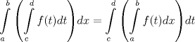 TEX: \[<br />\int\limits_a^b {\left( {\int\limits_c^d {f(t)dt} } \right)} dx = \int\limits_c^d {\left( {\int\limits_a^b {f(t)dx} } \right)} dt<br />\]<br />