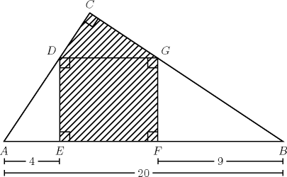 TEX: \begin{pspicture}(-0.5,-1.5)(10.5,5)<br />\SpecialCoor<br />\pspolygon(0,0)(10,0)(!40 13 div 60 13 div)<br />\pspolygon[fillstyle=hlines](2,0)(2,3)(!40 13 div 60 13 div)(5.5,3)(5.5,0)<br />\psline(2,3)(5.5,3)<br />\uput[d](0,0){$A$}<br />\uput[d](10,0){$B$}<br />\uput[u](!40 13 div 60 13 div){$C$}<br />\uput[ul](2,3){$D$}<br />\uput[d](2,0){$E$}<br />\uput[d](5.5,0){$F$}<br />\uput[ur](5.5,3){$G$}<br />\pspolygon(!40 13 div 60 13 div)(!187 65 div 561 130 div)(!413 130 div 107 26 div)(!439 130 div 287 65 div)<br />\psframe(2,0)(2.35,.35)<br />\psframe(2,3)(2.35,2.65)<br />\psframe(5.5,3)(5.155,2.65)<br />\psframe(5.5,0)(5.15,.35)<br />\pcline[offset=-20pt]{|-|}(0,0)(2,0)<br />\lput*{:U}{4}<br />\pcline[offset=-20pt]{|-|}(5.5,0)(10,0)<br />\lput*{:U}{9}<br />\pcline[offset=-32pt]{|-|}(0,0)(10,0)<br />\lput*{:U}{20}<br />\end{pspicture}