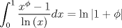 TEX: $$\int_0^1 {\frac{{x^\phi   - 1}}{{\ln \left( x \right)}}} dx = \ln \left| {1 + \phi } \right|$$