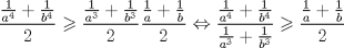 TEX: $$<br />\frac{{\frac{1}<br />{{a^4 }} + \frac{1}<br />{{b^4 }}}}<br />{2} \geqslant \frac{{\frac{1}<br />{{a^3 }} + \frac{1}<br />{{b^3 }}}}<br />{2}\frac{{\frac{1}<br />{a} + \frac{1}<br />{b}}}<br />{2} \Leftrightarrow \frac{{\frac{1}<br />{{a^4 }} + \frac{1}<br />{{b^4 }}}}<br />{{\frac{1}<br />{{a^3 }} + \frac{1}<br />{{b^3 }}}} \geqslant \frac{{\frac{1}<br />{a} + \frac{1}<br />{b}}}<br />{2}<br />$$