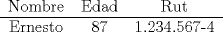 TEX: \begin{tabular}{ccc}<br />Nombre & Edad & Rut\\<br />\hline Ernesto & 87 & 1.234.567-4\\<br />\end{tabular}