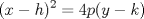 TEX: <br />% MathType!MTEF!2!1!+-<br />% feaagaart1ev2aaatCvAUfeBSjuyZL2yd9gzLbvyNv2CaerbuLwBLn<br />% hiov2DGi1BTfMBaeXatLxBI9gBaerbd9wDYLwzYbItLDharqqtubsr<br />% 4rNCHbGeaGqiVu0Je9sqqrpepC0xbbL8F4rqqrFfpeea0xe9Lq-Jc9<br />% vqaqpepm0xbba9pwe9Q8fs0-yqaqpepae9pg0FirpepeKkFr0xfr-x<br />% fr-xb9adbaqaaeGaciGaaiaabeqaamaabaabaaGcbaGaaiikaiaadI<br />% hacqGHsislcaWGObGaaiykamaaCaaaleqabaGaaGOmaaaakiabg2da<br />% 9iaaisdacaWGWbGaaiikaiaadMhacqGHsislcaWGRbGaaiykaaaa!41FD!<br />\[<br />(x - h)^2  = 4p(y - k)<br />\]