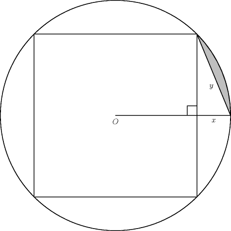 TEX: \begin{pspicture}(-6,-6)(6,6)<br />\SpecialCoor<br />\pscircle(0,0){6}<br />\psframe(6;225)(6;45)<br />\psframe(!18 sqrt .5 sub 0)(!18 sqrt .5)<br />\psline(0,0)(6,0)<br />\psarc[fillstyle=solid,fillcolor=lightgray](0,0){6}{0}{45}<br />\psline(6,0)(6;45)<br />\uput[d](!4.5 sqrt 3 add 0){$x$}<br />\rput(5,1.5){$y$}<br />\uput[d](0,0){$O$}<br />\end{pspicture}<br />