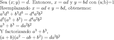 TEX: Sea $(x;y)=d$. Entonces, $x=ad$ y $y=bd$ con (a;b)=1<br /><br />Reemplazando $x=ad$ e $y=bd$, obtenemos:<br /><br />$a^{3}d^{3} + b^{3}d^{3} = d^{4}a^{2}b^{2}$<br /><br />$d^{3}(a^{3}+b^{3}) = d^{4}a^{2}b^{2}$<br /> <br />$a^{3}+b^{3} = da^{2}b^{2}$ <br /><br />Y factorizando $a^{3}+b^{3}$,<br /><br />$(a+b)(a^{2}-ab+b^{2}) = da^{2}b^{2}$ 