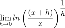 TEX: $\displaystyle \lim_{h\rightarrow 0}ln \left(\displaystyle \frac{(x+h)}{x}\right)^{\displaystyle \frac{1}{h}}$