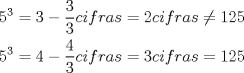 TEX: <br />\[<br />\begin{gathered}<br />  5^3  = 3 - \frac{3}<br />{3}cifras = 2cifras \ne 125 \hfill \\<br />  5^3  = 4 - \frac{4}<br />{3}cifras = 3cifras = 125 \hfill \\ <br />\end{gathered} <br />\]<br />