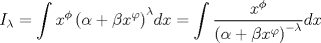 TEX: $$I_\lambda   = \int {x^\phi  \left( {\alpha  + \beta x^\varphi  } \right)} ^\lambda  dx = \int {\frac{{x^\phi  }}<br />{{\left( {\alpha  + \beta x^\varphi  } \right)^{ - \lambda } }}} dx$$