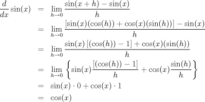 TEX: <br />\begin{eqnarray*}<br />\frac{d}{dx}\sin (x)&=&\underset{h\to 0}{\mathop{\lim }}\,\frac{\sin (x+h)-\sin (x)}{h} \\ <br />&=&\underset{h\to 0}{\mathop{\lim }}\,\frac{\left[ \sin (x)(\cos (h))+\cos (x)(\sin (h)) \right]-\sin (x)}{h} \\ <br />&=&\underset{h\to 0}{\mathop{\lim }}\,\frac{\sin (x)\left[ (\cos (h))-1 \right]+\cos (x)(\sin (h))}{h} \\ <br />&=&\underset{h\to 0}{\mathop{\lim }}\,\left\{ \sin (x)\frac{\left[ (\cos (h))-1 \right]}{h}+\cos (x)\frac{\sin (h)}{h} \right\} \\ <br />&=&\sin (x)\cdot 0+\cos (x)\cdot 1 \\ <br />&=&\cos (x) \\<br />\end{eqnarray*} <br />