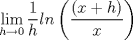 TEX: $\displaystyle \lim_{h\rightarrow 0}\displaystyle \frac{1}{h}ln\left( \displaystyle \frac{(x+h)}{x}\right)$