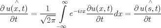 TEX: \[\frac{{\partial \mathop {u(x,t)}\limits^ \wedge  }}{{\partial t}} = \frac{1}{{\sqrt {2\pi } }}\int\limits_{ - \infty }^\infty  {\mathop e\nolimits^{ - isx} } \frac{{\partial u(x,t)}}{{\partial t}}dx = \frac{{\partial \mathop {u(s,t)}\limits^ \wedge  }}{{\partial t}}\]